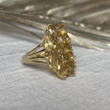 925 Sterling Silver Gold Plated Yellow Tourmalines & Diamonds Ring Size 8