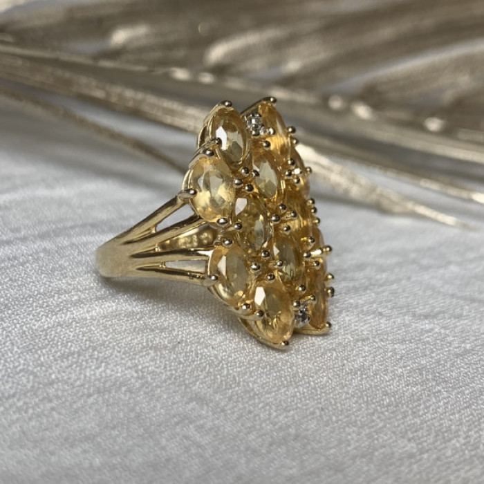 925 Sterling Silver Gold Plated Yellow Tourmalines & Diamonds Ring Size 8