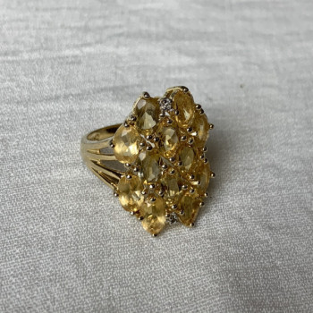 925 Sterling Silver Gold Plated Yellow Tourmalines & Diamonds Ring Size 8