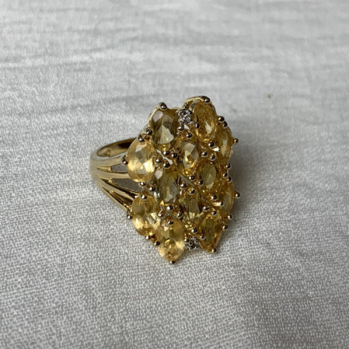 925 Sterling Silver Gold Plated Yellow Tourmalines & Diamonds Ring Size 8