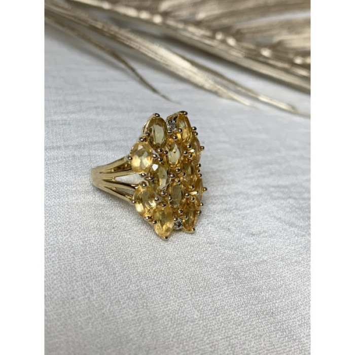 925 Sterling Silver Gold Plated Yellow Tourmalines & Diamonds Ring Size 8