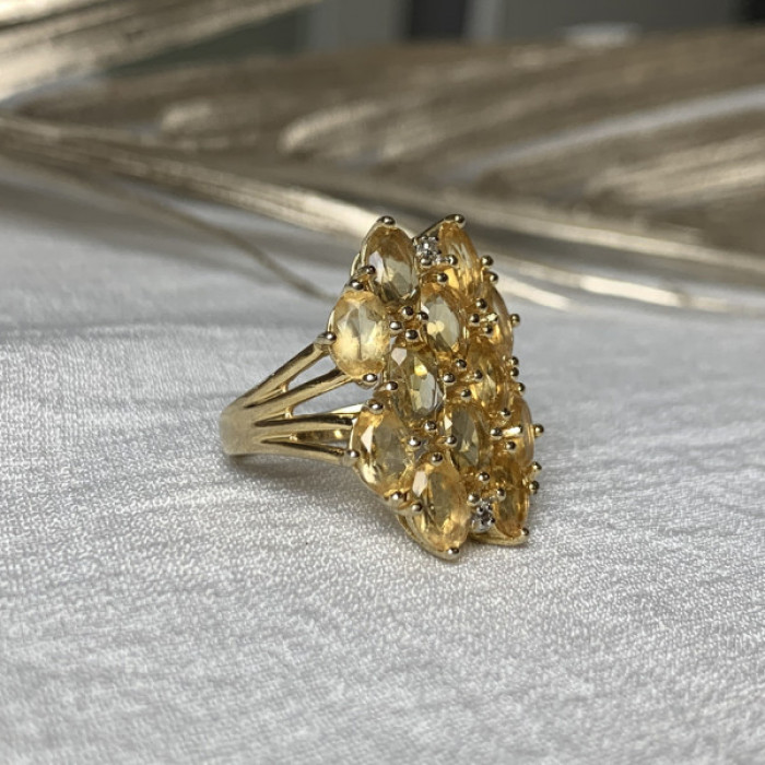 925 Sterling Silver Gold Plated Yellow Tourmalines & Diamonds Ring Size 8
