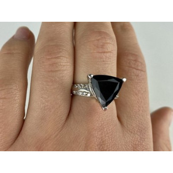 925 Sterling Silver Black Nephrite ( Jade ) & Quartz Ring Size 8