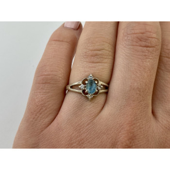 925 Sterling Silver Blue Spinel & CZ Ring Size 6.75