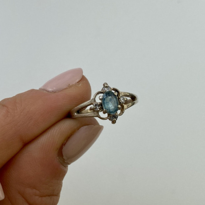 925 Sterling Silver Blue Spinel & CZ Ring Size 6.75