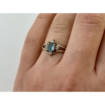 925 Sterling Silver Blue Spinel & CZ Ring Size 6.75