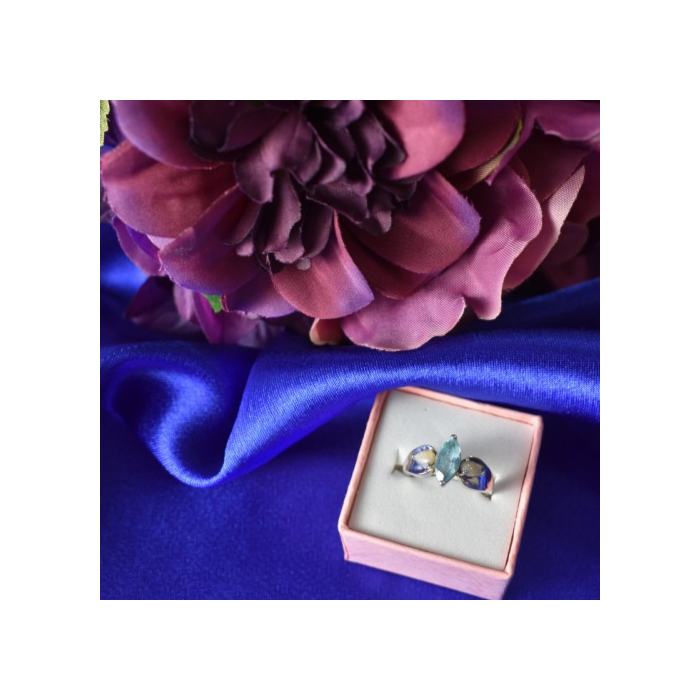 925 Sterling Silver Blue Topaz & Opal Ring Size 6.5