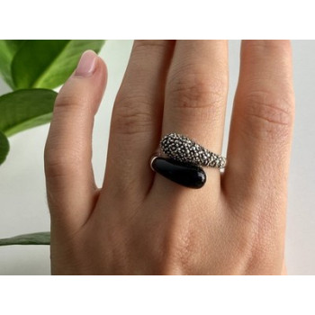 925 Sterling Silver Black Onyx & Marcasites Ring Size 9