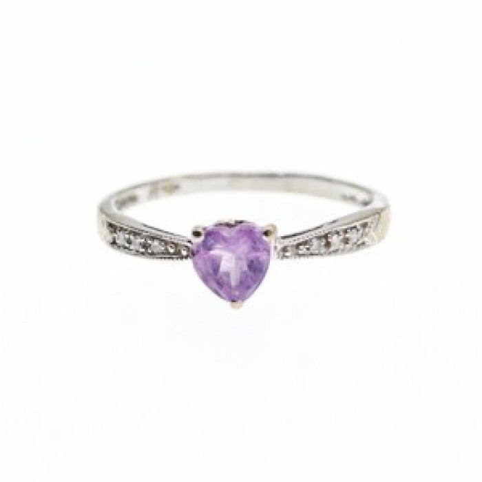 10K White Gold Amethyst & Diamonds Ring Size 8
