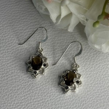 925 Sterling Silver Hessonite & Marcasite Earrings Length 1.10 Inch