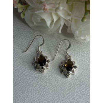 925 Sterling Silver Hessonite & Marcasite Earrings Length 1.10 Inch