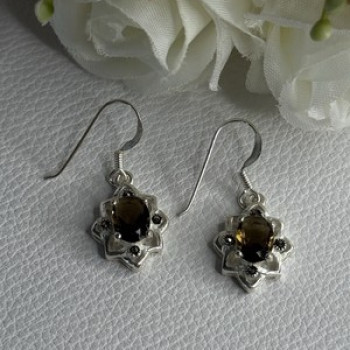 925 Sterling Silver Hessonite & Marcasite Earrings Length 1.10 Inch