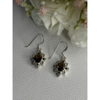 925 Sterling Silver Hessonite & Marcasite Earrings Length 1.10 Inch