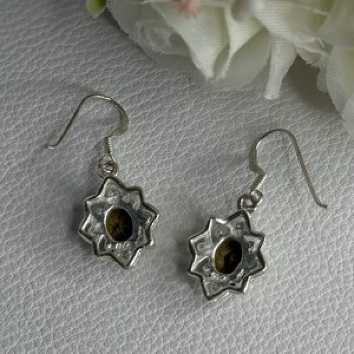 925 Sterling Silver Hessonite & Marcasite Earrings Length 1.10 Inch