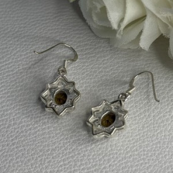 925 Sterling Silver Hessonite & Marcasite Earrings Length 1.10 Inch