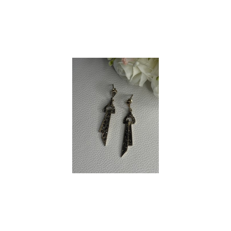 Elegant 925 Sterling Silver Marcasite Earrings Length 1.80 Inch