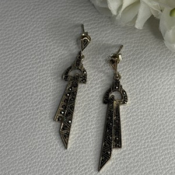 Elegant 925 Sterling Silver Marcasite Earrings Length 1.80 Inch