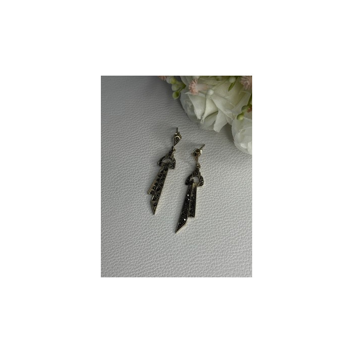Elegant 925 Sterling Silver Marcasite Earrings Length 1.80 Inch