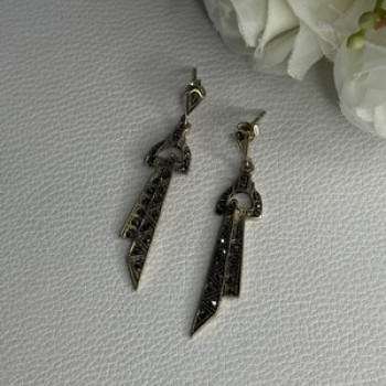 Elegant 925 Sterling Silver Marcasite Earrings Length 1.80 Inch