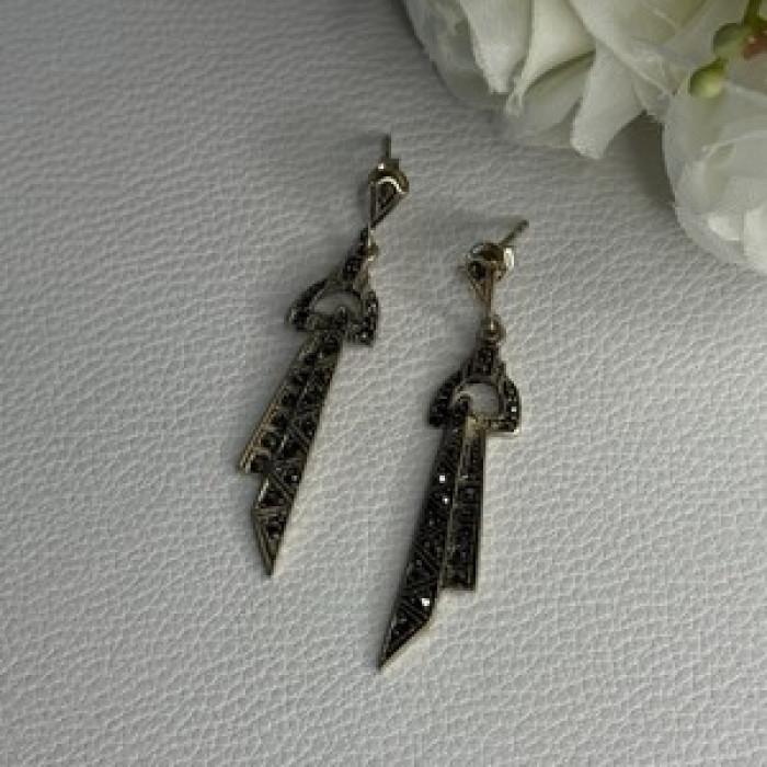 Elegant 925 Sterling Silver Marcasite Earrings Length 1.80 Inch