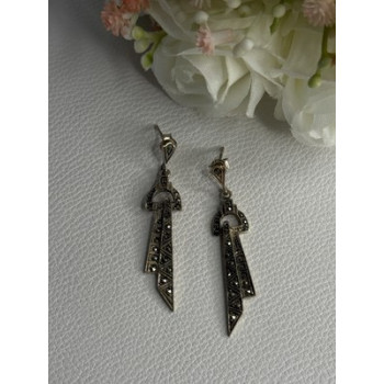 Elegant 925 Sterling Silver Marcasite Earrings Length 1.80 Inch