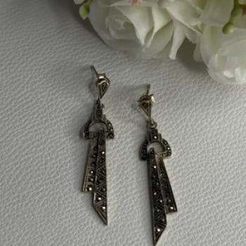 Elegant 925 Sterling Silver Marcasite Earrings Length 1.80 Inch