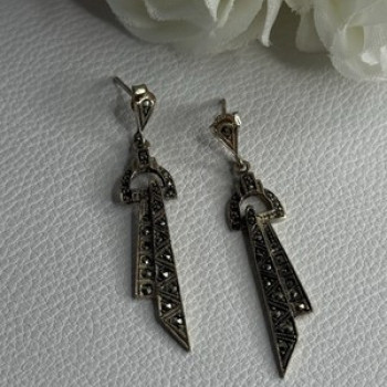 Elegant 925 Sterling Silver Marcasite Earrings Length 1.80 Inch