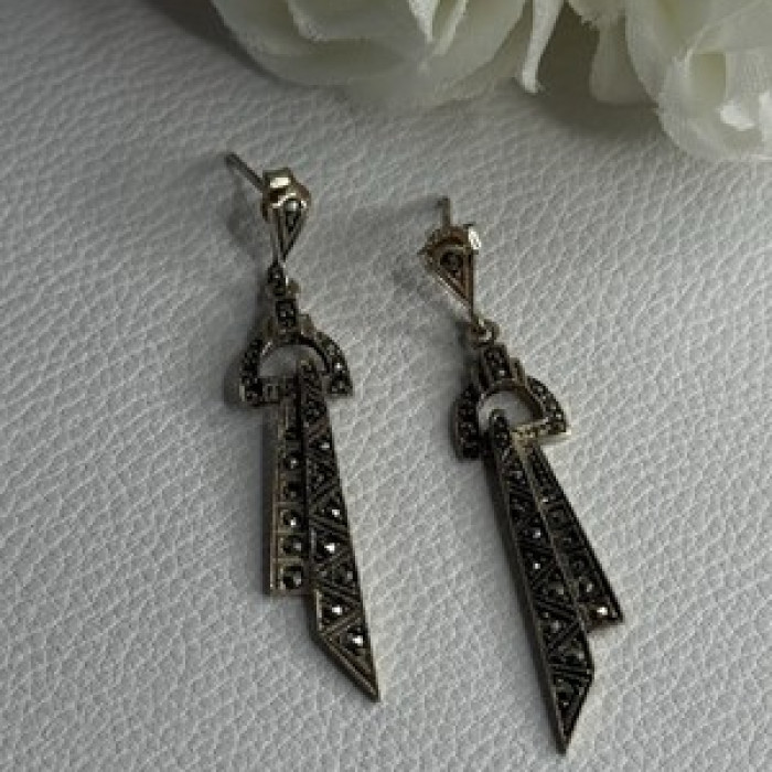 Elegant 925 Sterling Silver Marcasite Earrings Length 1.80 Inch