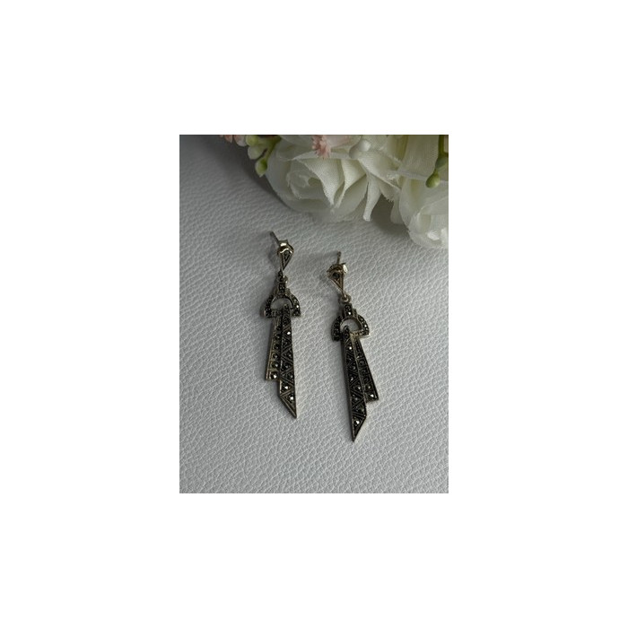 Elegant 925 Sterling Silver Marcasite Earrings Length 1.80 Inch