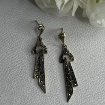 Elegant 925 Sterling Silver Marcasite Earrings Length 1.80 Inch