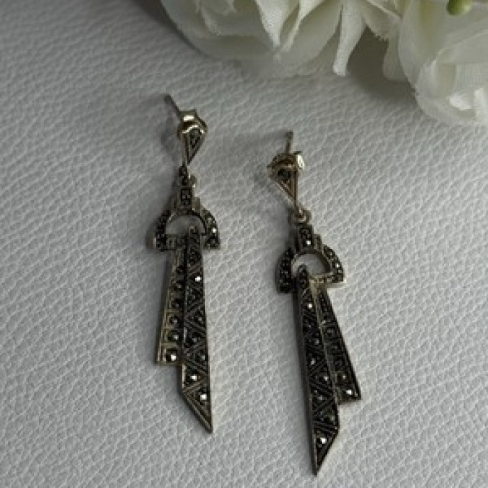 Elegant 925 Sterling Silver Marcasite Earrings Length 1.80 Inch