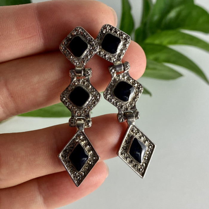 Vintage 925 Sterling Silver Onyx Earrings