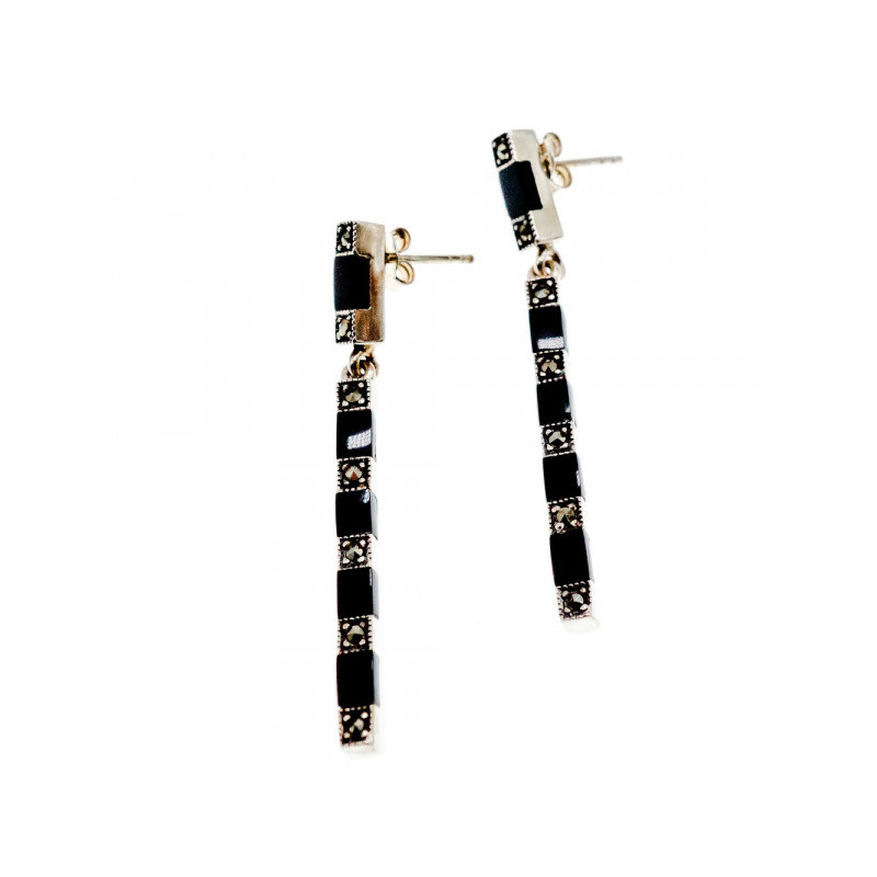 925 Sterling Silver Black Nephrite & Marcasites Earrings