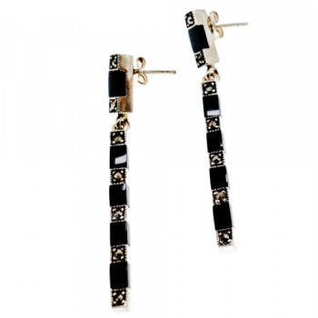925 Sterling Silver Black Nephrite & Marcasites Earrings