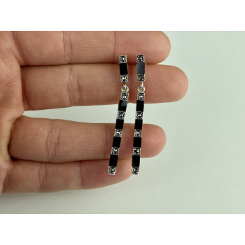 925 Sterling Silver Black Nephrite & Marcasites Earrings