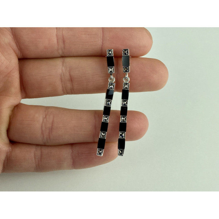 925 Sterling Silver Black Nephrite & Marcasites Earrings