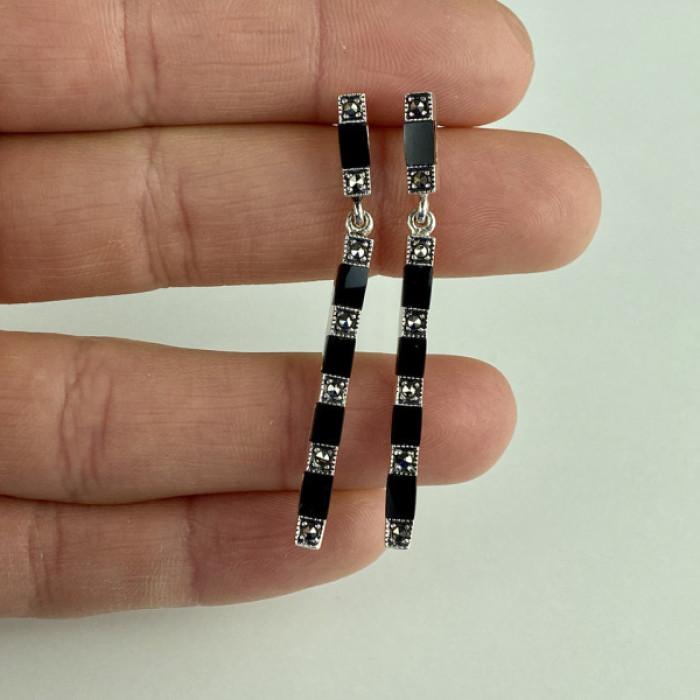 925 Sterling Silver Black Nephrite & Marcasites Earrings