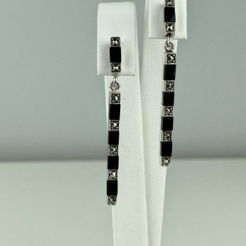 925 Sterling Silver Black Nephrite & Marcasites Earrings