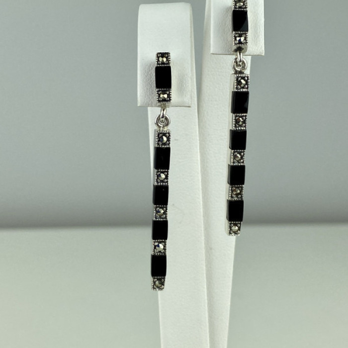925 Sterling Silver Black Nephrite & Marcasites Earrings