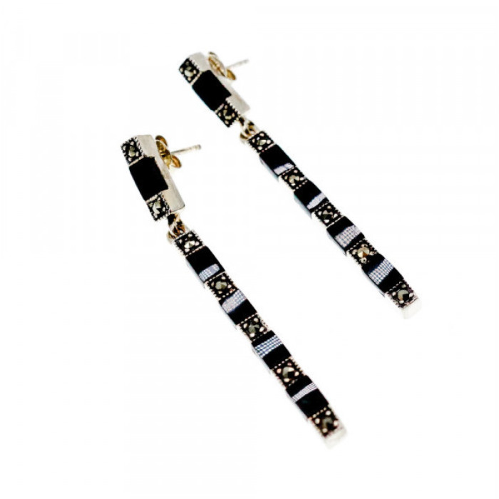 925 Sterling Silver Black Nephrite & Marcasites Earrings