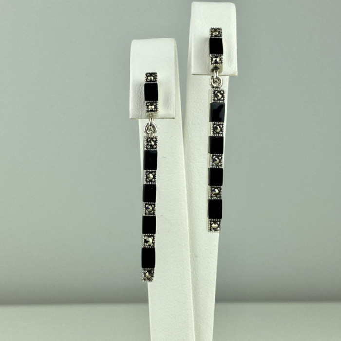 925 Sterling Silver Black Nephrite & Marcasites Earrings