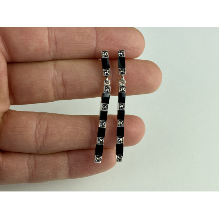 925 Sterling Silver Black Nephrite & Marcasites Earrings