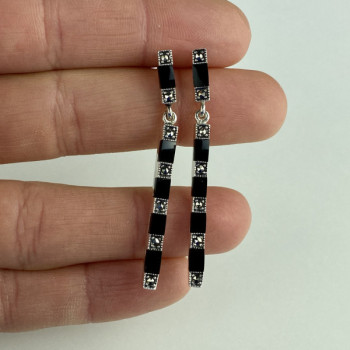 925 Sterling Silver Black Nephrite & Marcasites Earrings