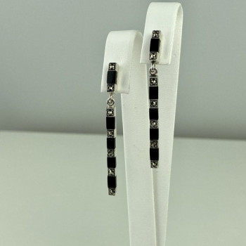 925 Sterling Silver Black Nephrite & Marcasites Earrings