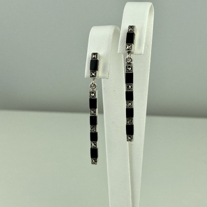925 Sterling Silver Black Nephrite & Marcasites Earrings