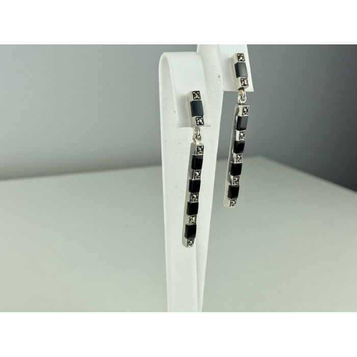 925 Sterling Silver Black Nephrite & Marcasites Earrings