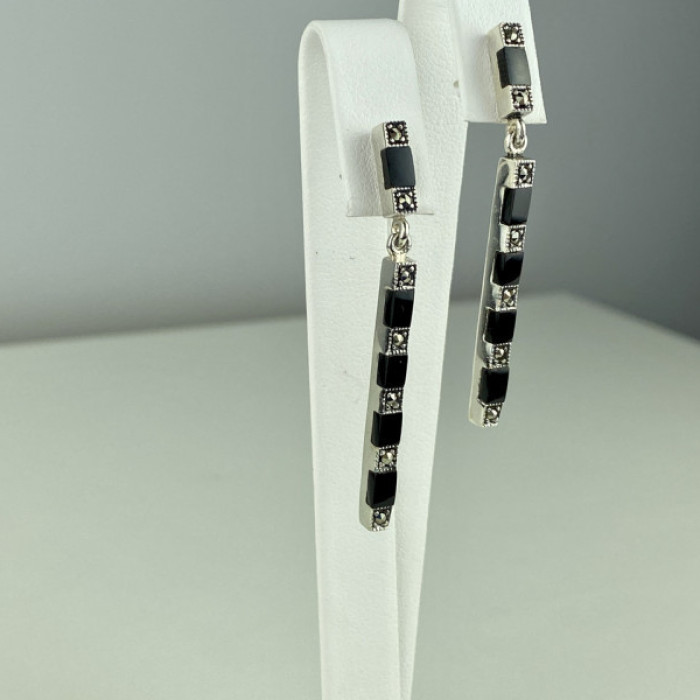 925 Sterling Silver Black Nephrite & Marcasites Earrings