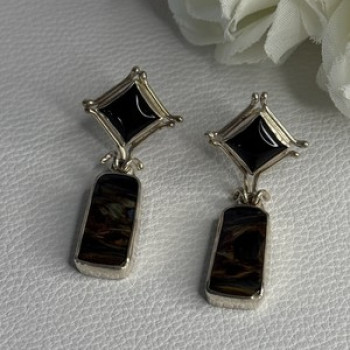 925 Sterling Silver Abalone & Onyx Earrings Length 1.50 Inch