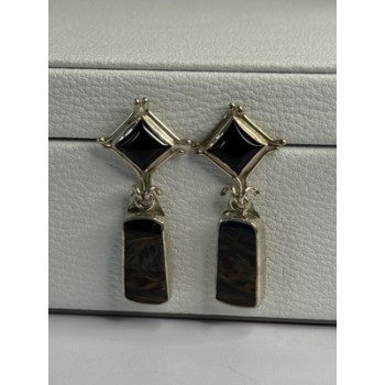925 Sterling Silver Abalone & Onyx Earrings Length 1.50 Inch