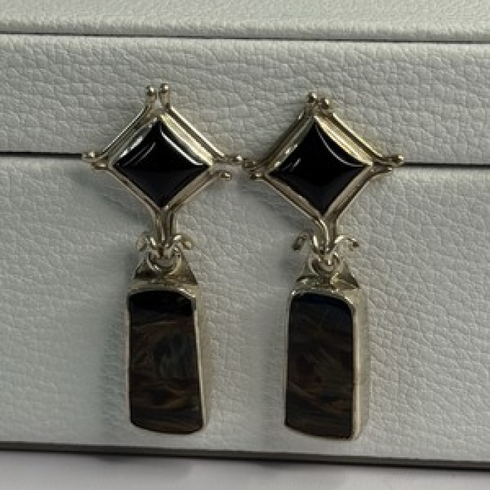 925 Sterling Silver Abalone & Onyx Earrings Length 1.50 Inch